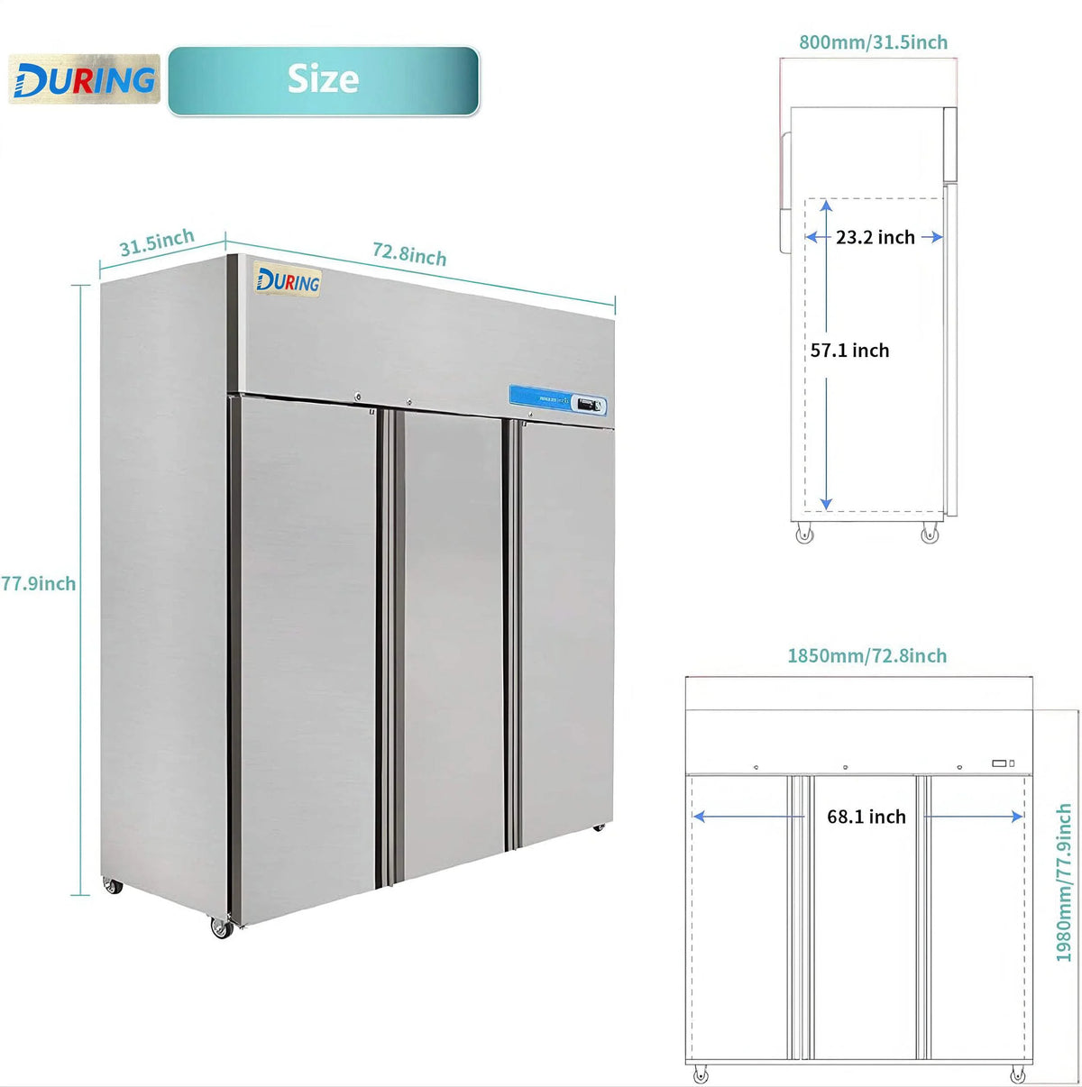DURING 72" Commercial Refrigerator Freezer Combo, 3-Door Solid Door Reach-In, 54 Cu.ft Upright Fridge Freezer