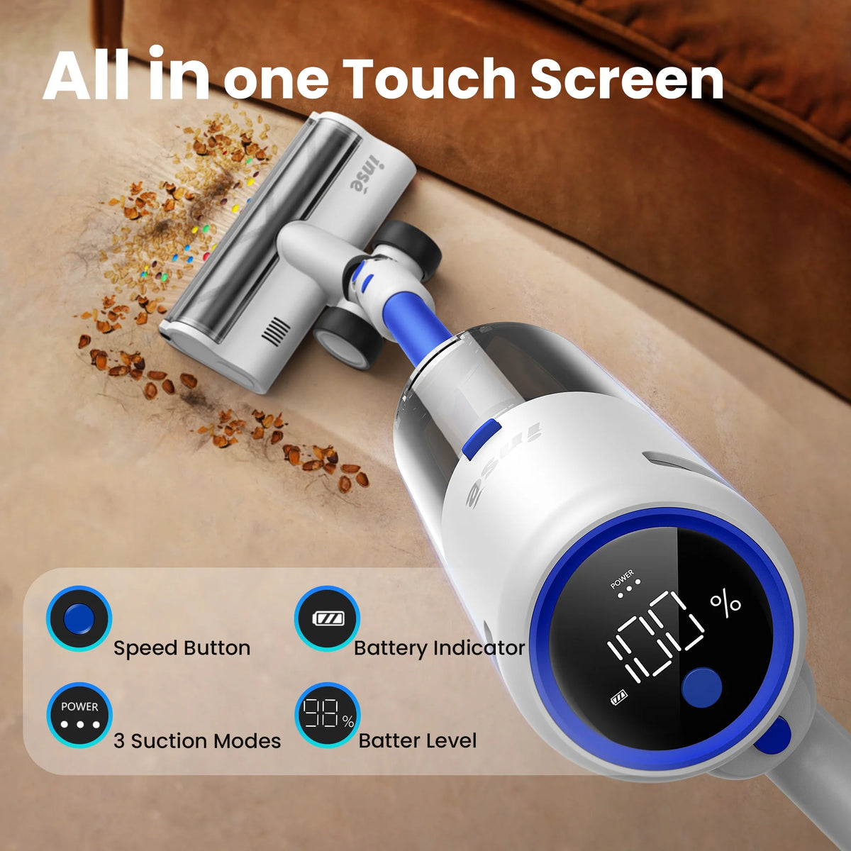 INSE Lightweight Cordless Vacuum with 30Kpa Powerful Suction & 60 Mins Runtime, Stick Vacuum  for Carpet, Tile, Pet Hair, Hardwood Floors