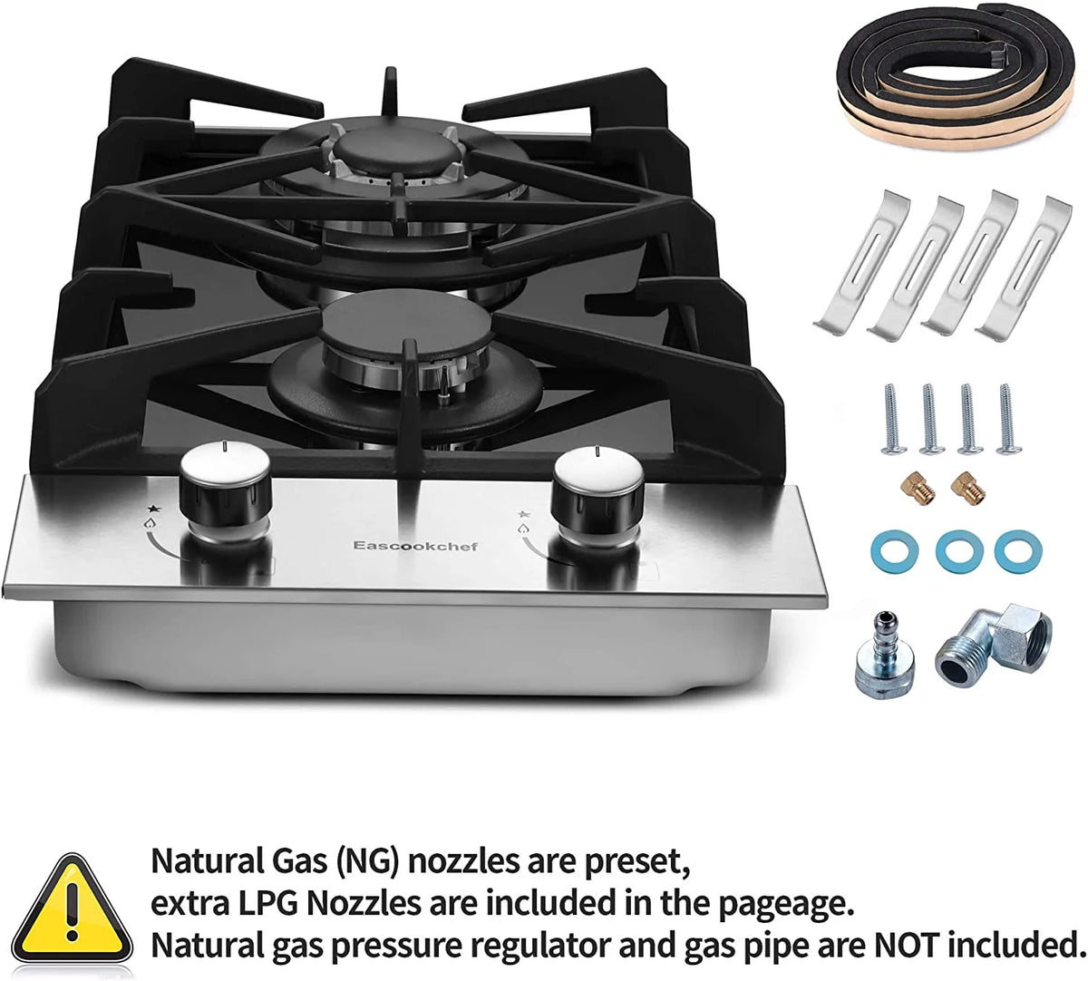 Gas Cooktop 12 inch Eascookchef Bulit-in Gas Stove Top 2 Burners NG/LPG Convertible Dual Burners
