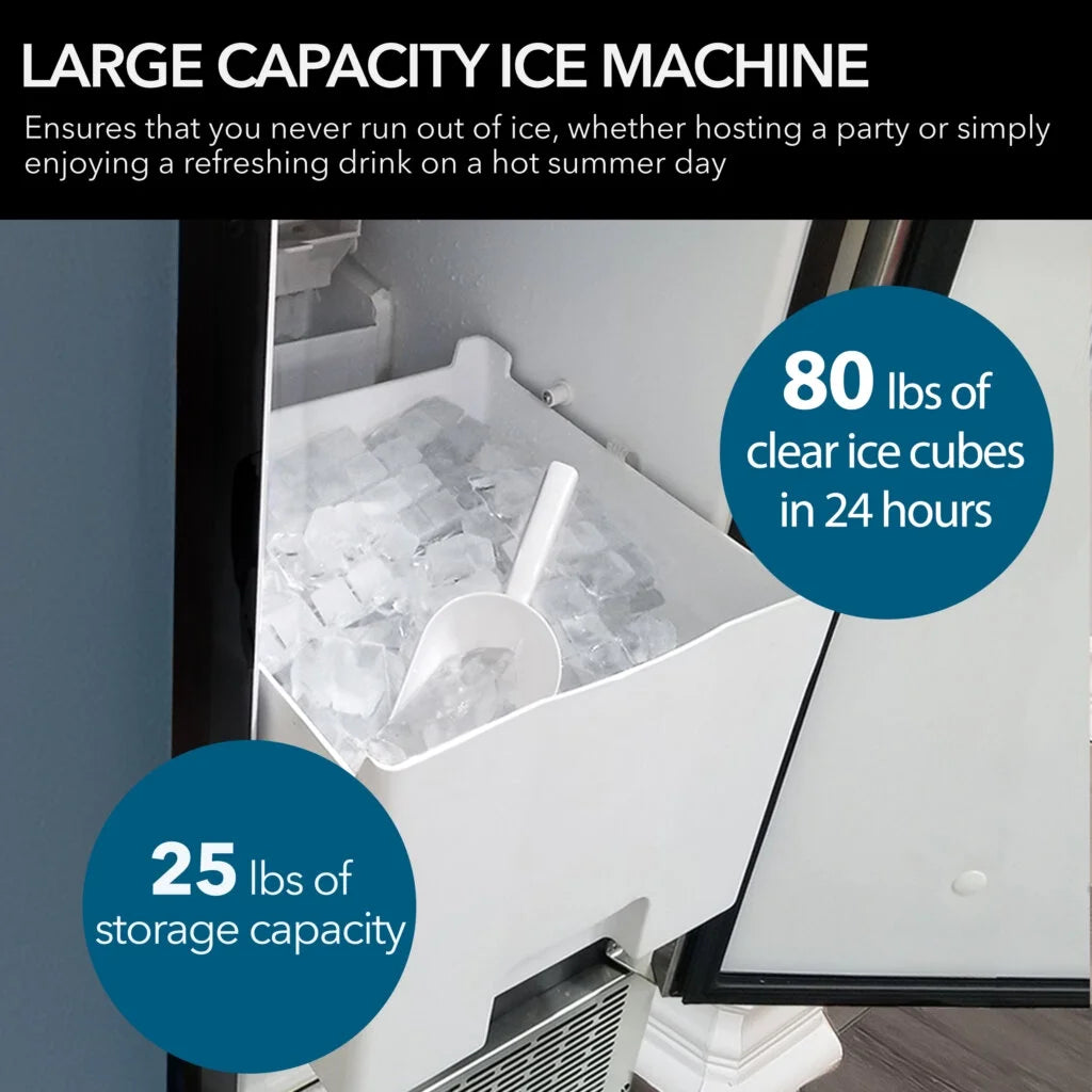 Whynter 15" Built-In Stainless Steel 80lb Capacity Clear Ice Cube Maker, Inline Water Filter UIM-502SS
