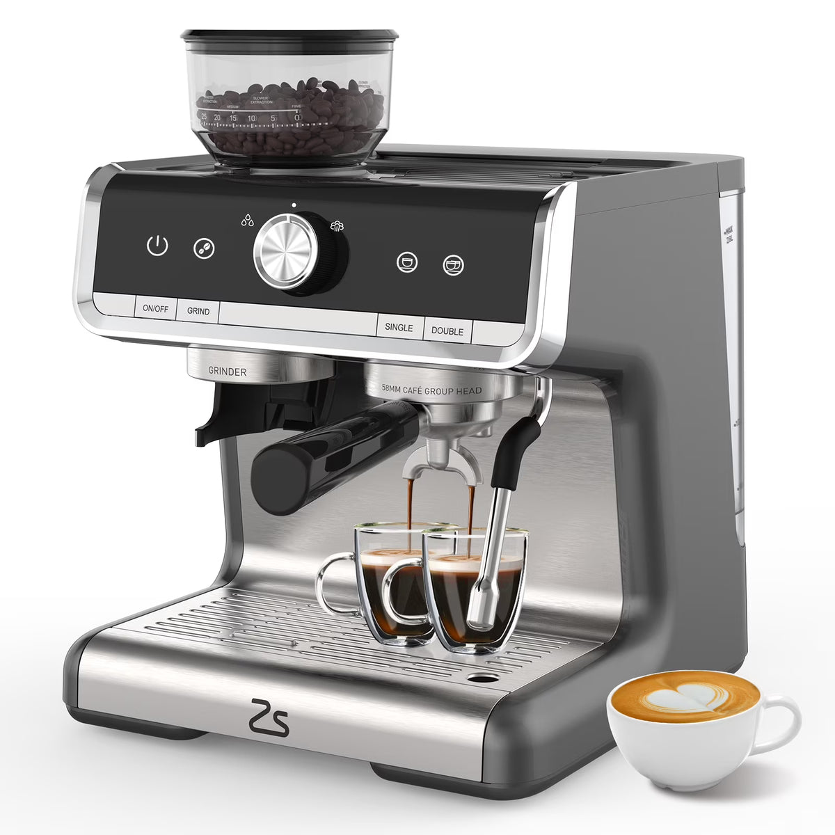 Kojooin Coffee Machines With Grinder,Espresso Machine,Semi-Automatic Espresso Maker With Milk Frother Steamer Wand,Silver