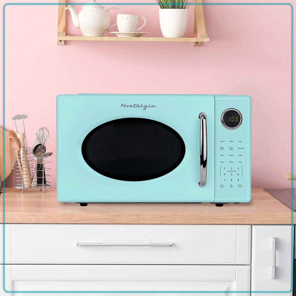 Nostalgia Retro Microwave Oven - 1.1 Cu Ft & 1000-Watt Countertop Size with Glass Turntable, Child Safety Lock, 8 Auto-Cook Programs & Digital Clock - Black