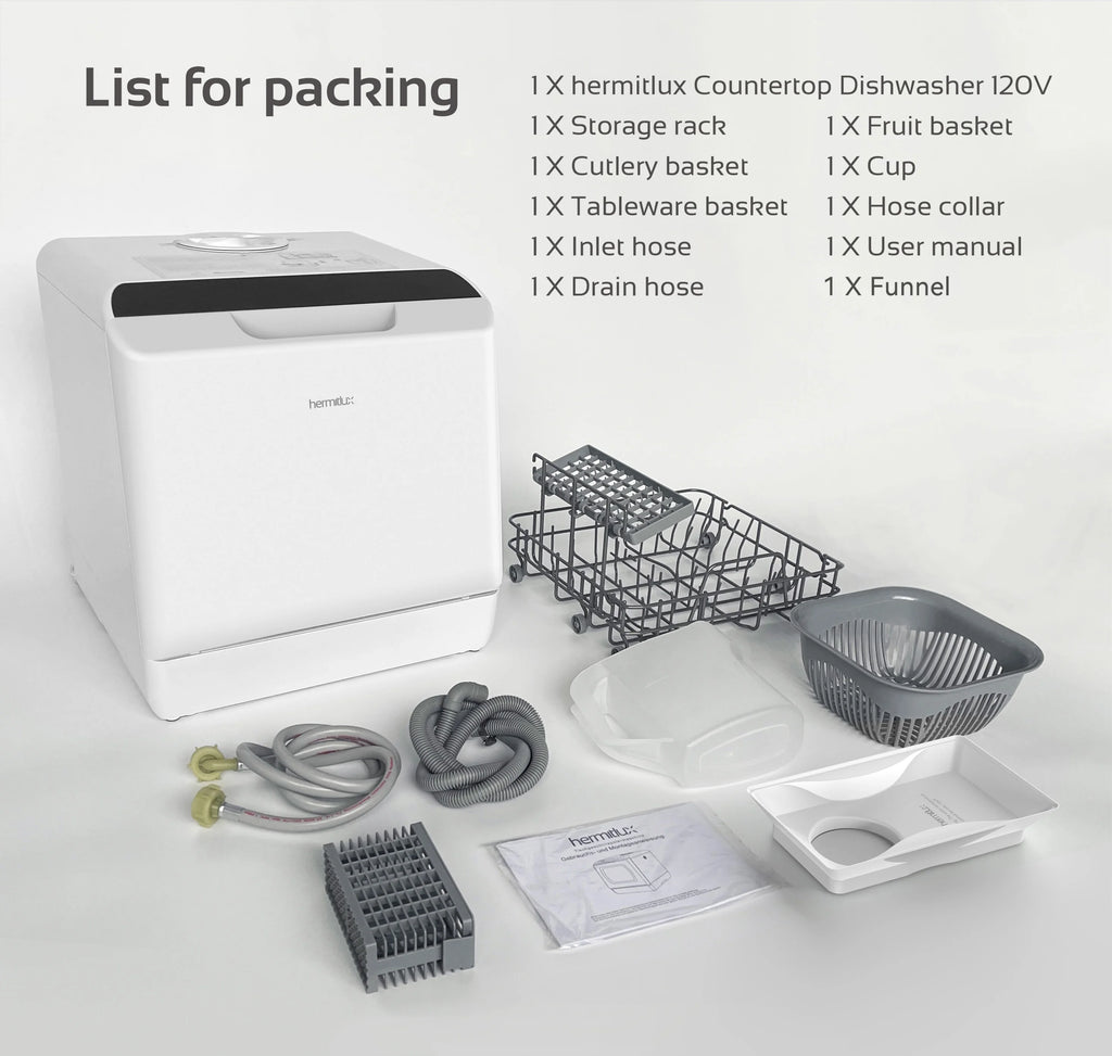Hermitlux Portable Countertop Dishwasher, 5 Washing Programs, 5L Built-in Water Tank and Air-Dry Function, HMX-DW03
