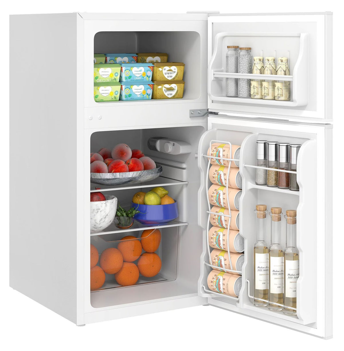 3.2 Cu.Ft Mini Fridge with Freezer - Double Door Refrigerator Adjustable Thermostat, Reversible Door - White - Dorm, Apartment, Bedroom