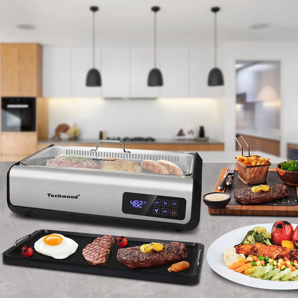 Techwood Indoor Smokeless Grill, 1500W, Black, Electric Portable Korean BBQ Grill with Tempered Glass Lid