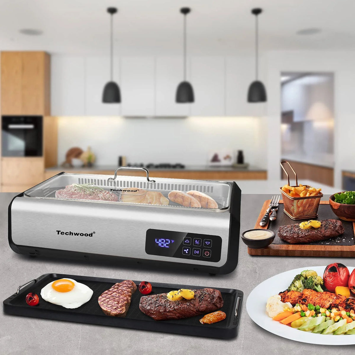 Techwood Indoor Smokeless Grill, 1500W, Black, Electric Portable Korean BBQ Grill with Tempered Glass Lid
