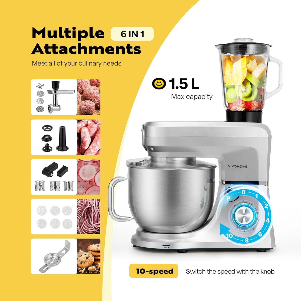 SPECSTAR 6 in 1 Multifunctional Stand Mixer with 8.5 Quart Stainless Steel Bowl, 660W 10 Speed Tilt-Head, Silver