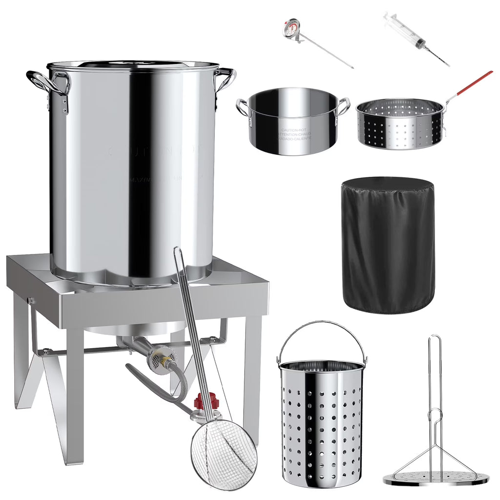 Hidpriva 30QT Stainless Steel Turkey Fryer Pot w/ SS Solid Stand, 55000BTU Propane Burner Stove, Waterproof Cover&12-inch skimmer|Outdoor Deep Fryer Pot