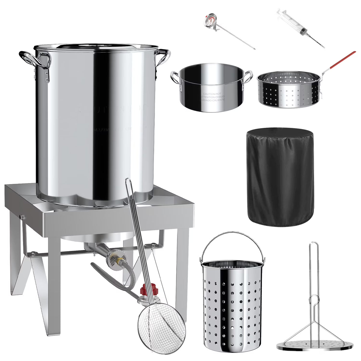 Hidpriva 30QT Stainless Steel Turkey Fryer Pot w/ SS Solid Stand, 55000BTU Propane Burner Stove, Waterproof Cover&12-inch skimmer|Outdoor Deep Fryer Pot