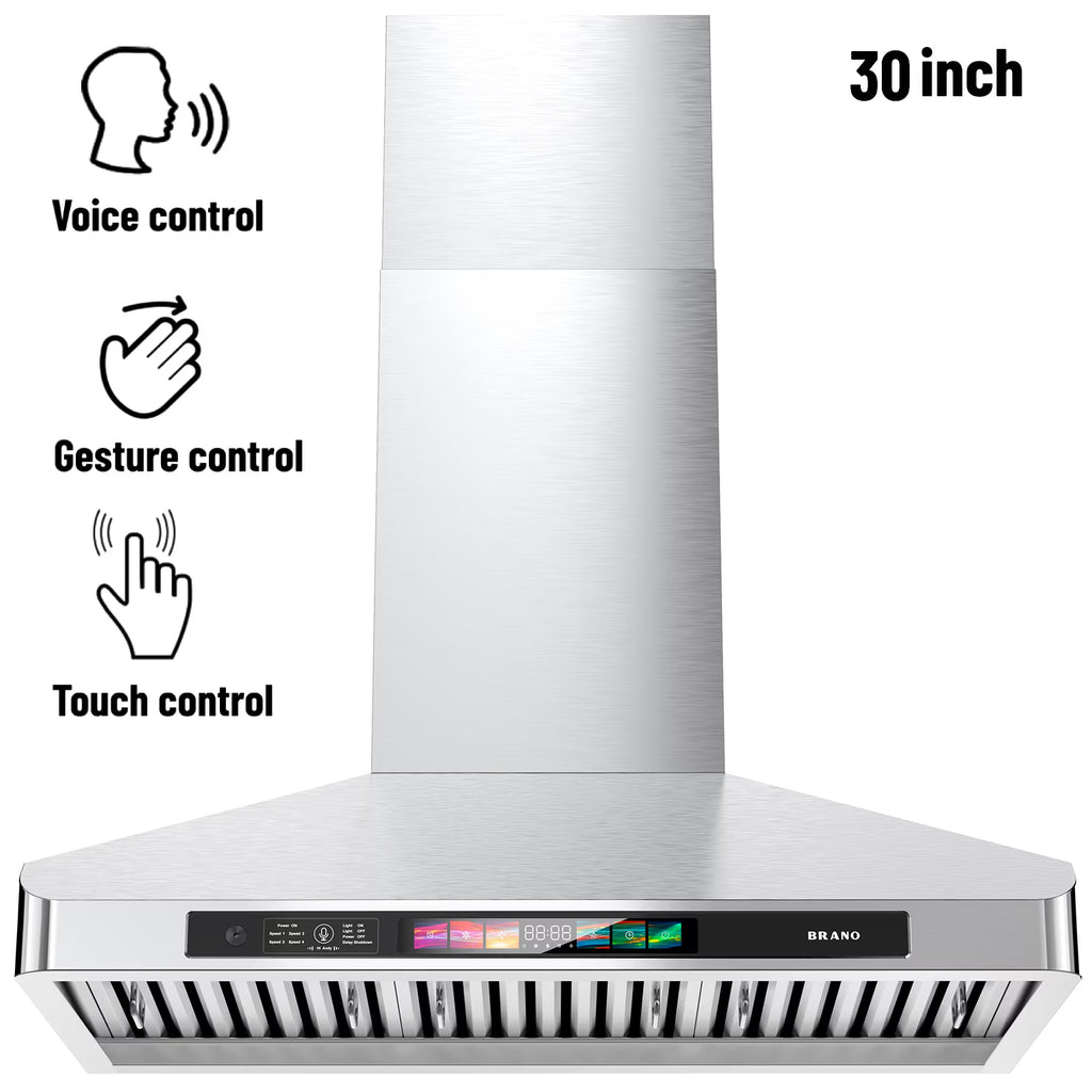 Brano 30-Inch Canopy Range Hood, Wall Mount, 900 CFM, 4-Speed Exhaust Fan, Stainless Steel, LED Lights, Memory Mode