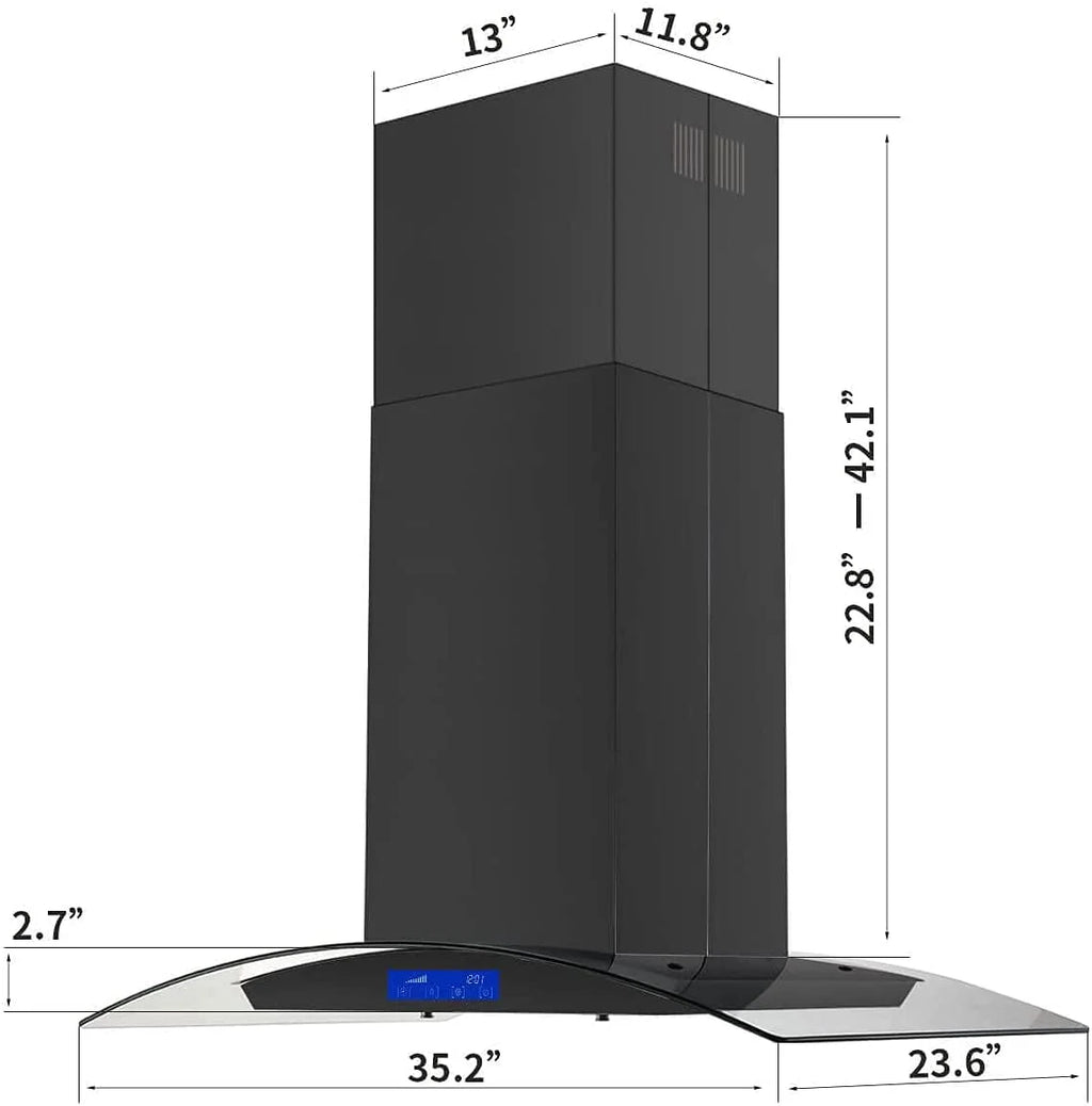 Island Mount Range Hood 36 inch Kitchen 3-Speed Extractor Fan Mesh filter Tempered Glass