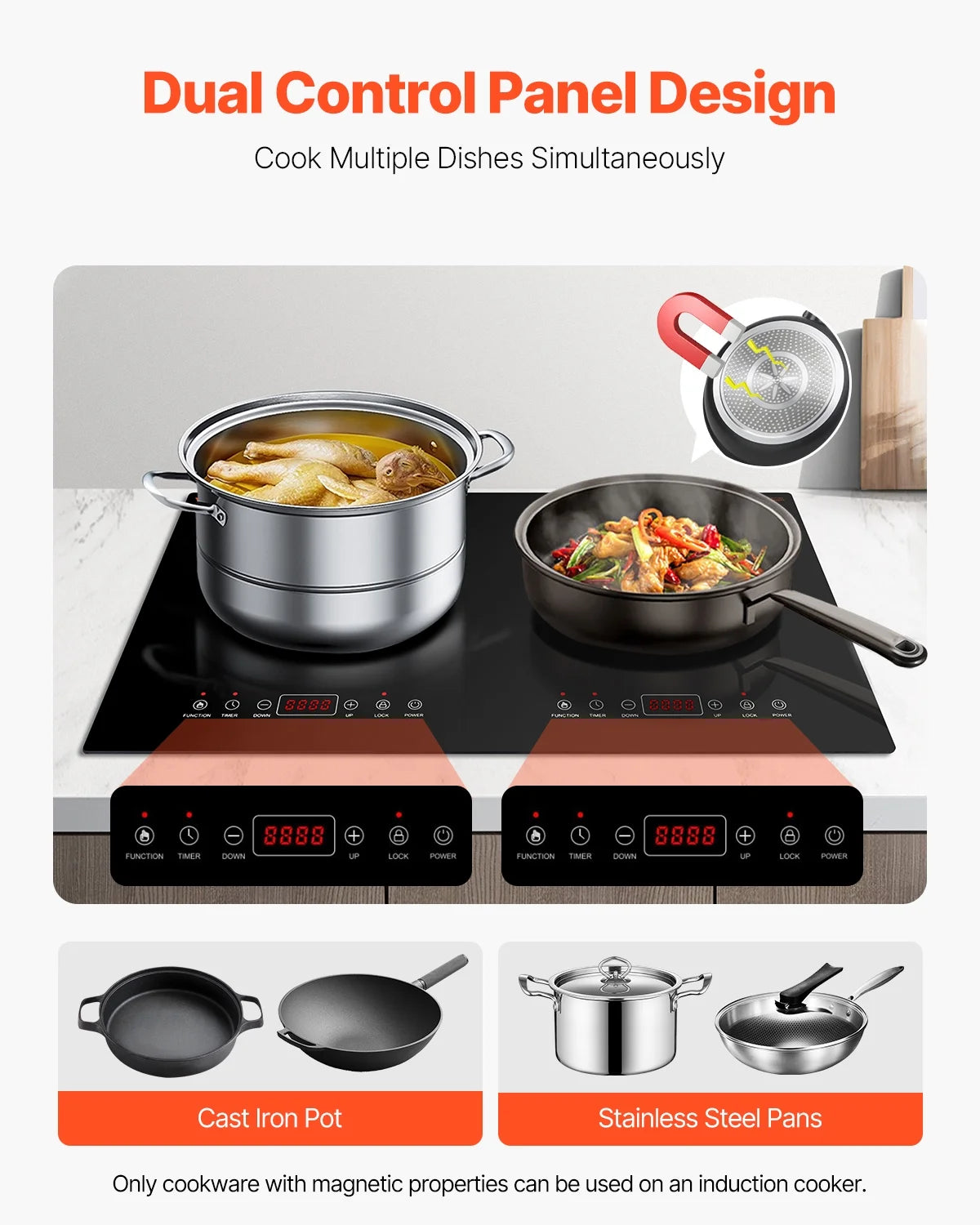 KFFKFF Induction Stove, 1800W Electric Countertop 2 Burner, Electric Cooktop with Touch Controls, Integrated Induction Stove with 9 Energy Levels, Safety Feature for Kids, Timer Function, Glass Top