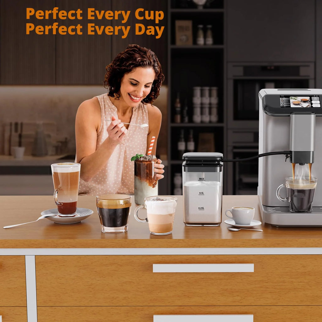 TROPOW Fully Automatic Espresso Machine, Automatic Milk Frother, Coffee Machine with Intuitive Touch Display for Latte, Cappuccino, Iced Coffee, Built-in Grinder, 1.5L Water Tank, for Home Office