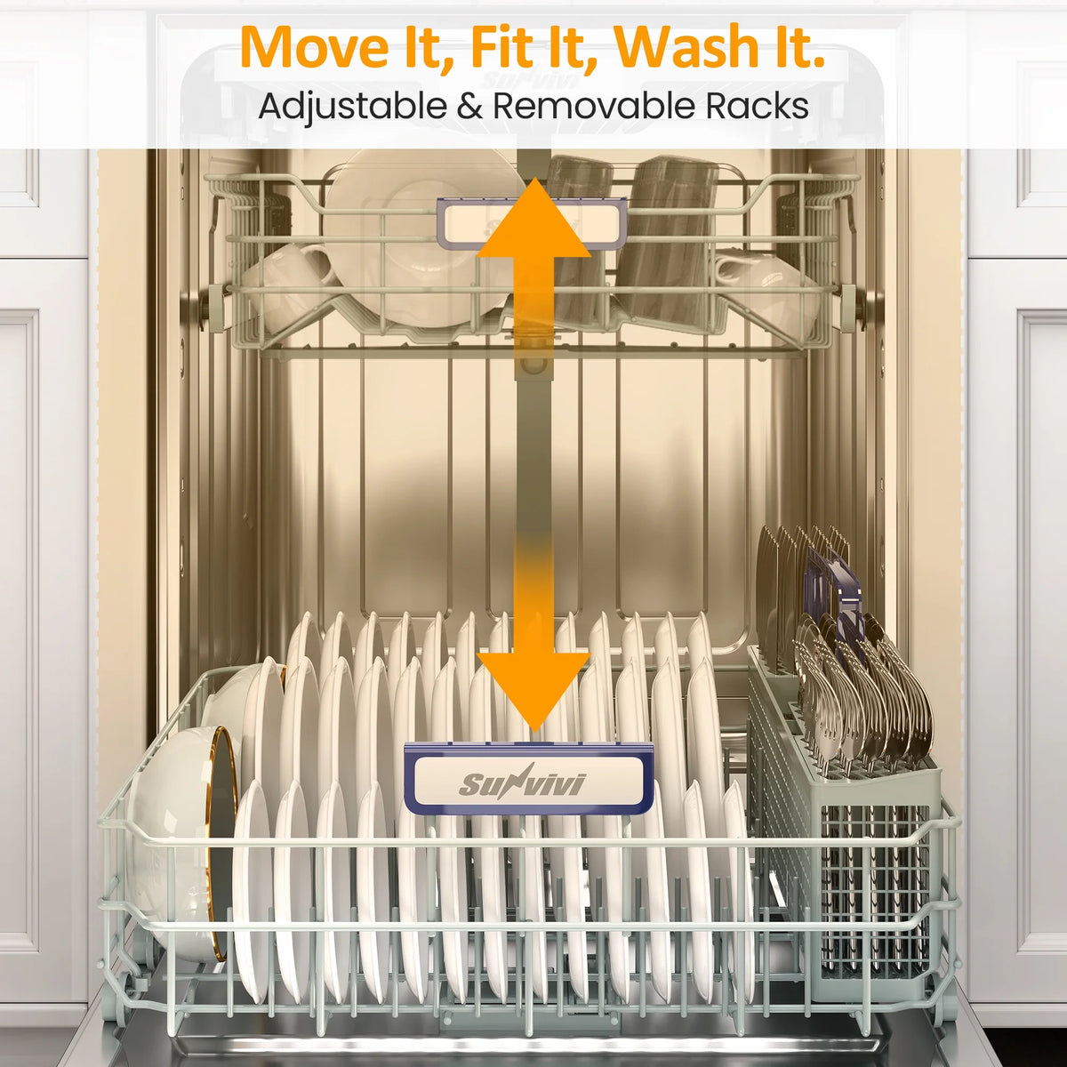 Sunvivi 24" Built-in Dishwasher, Stainless Steel Dish Washer Machine with Large 14-16 Place Settings, 8 Wash Cycles, Energy Star, Black