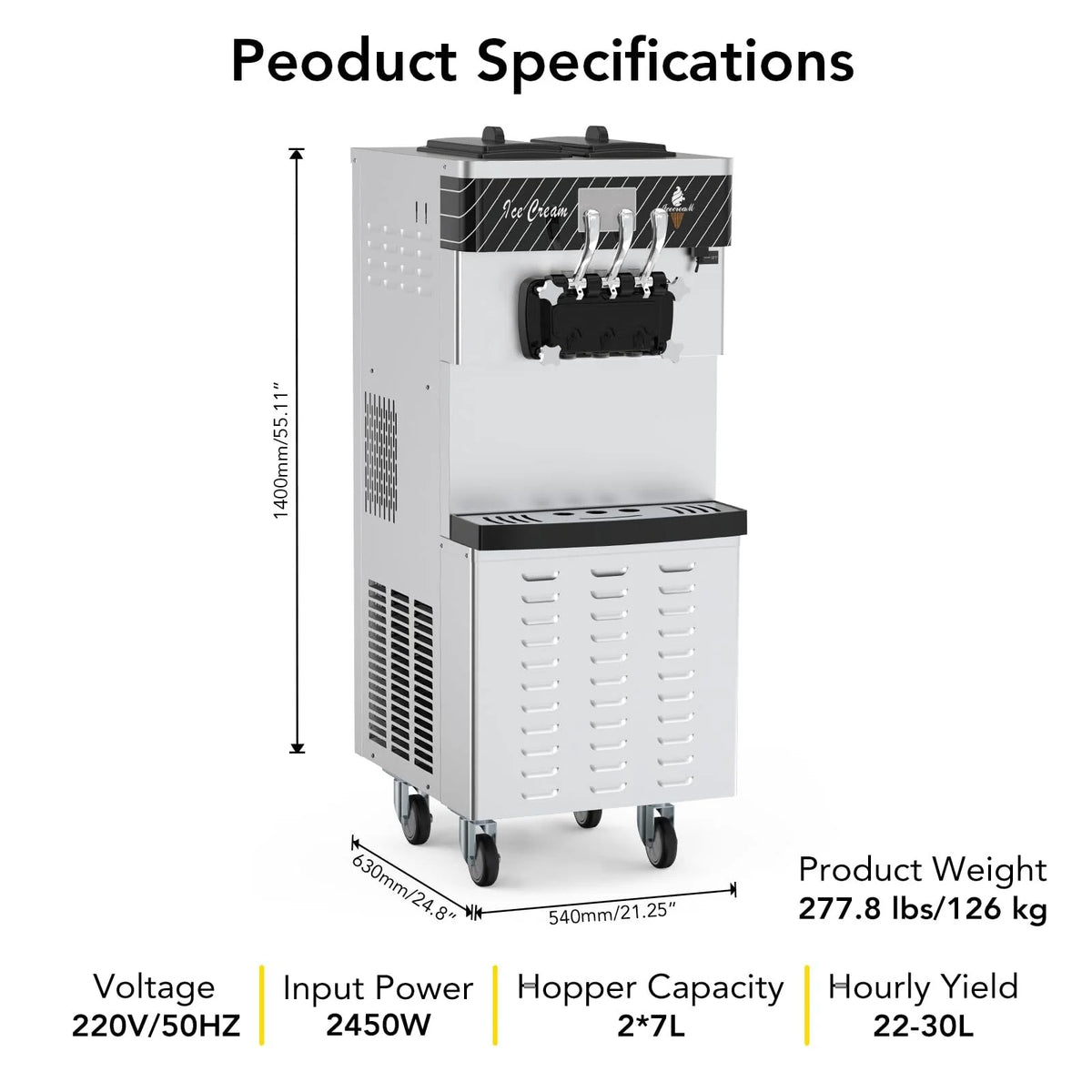 Entcook 3 Flavors Commercial Ice Cream Maker, 5.8-8 Gal/H Countertop Soft Serve Ice Cream Yogurt Machine with LCD Display
