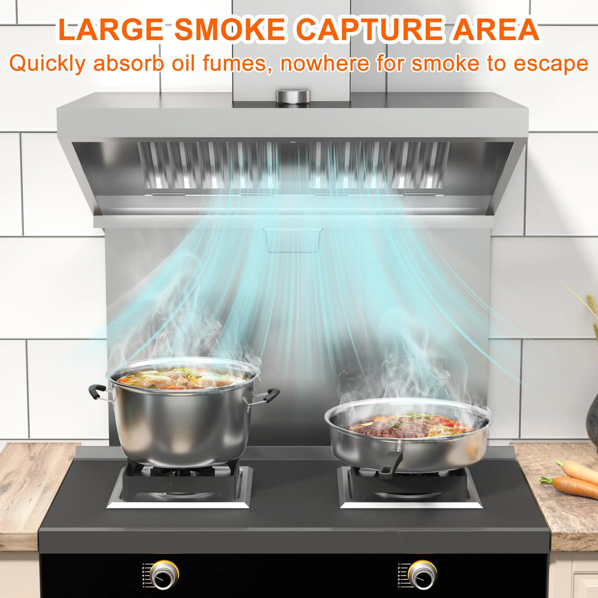 HAN'KITCHEN'LON'S 4FT Stainless Steel Commercial Exhaust Hood for Concession Trailers, featuring 2 Removable Filters, Grease Cup, Hood Light, and Rust Resistance. NSF Listed for Restaurant Use