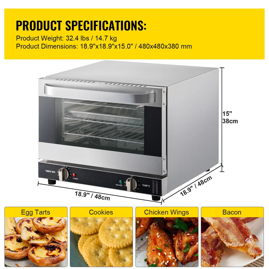 KFFKFF Commercial Convection Oven, 21L/19Qt, Quarter-Size Conventional Oven Countertop, 1440W 3-Tier Toaster w/ Front Glass Door, Electric Baking Oven w/ Trays Wire Racks Clip Gloves