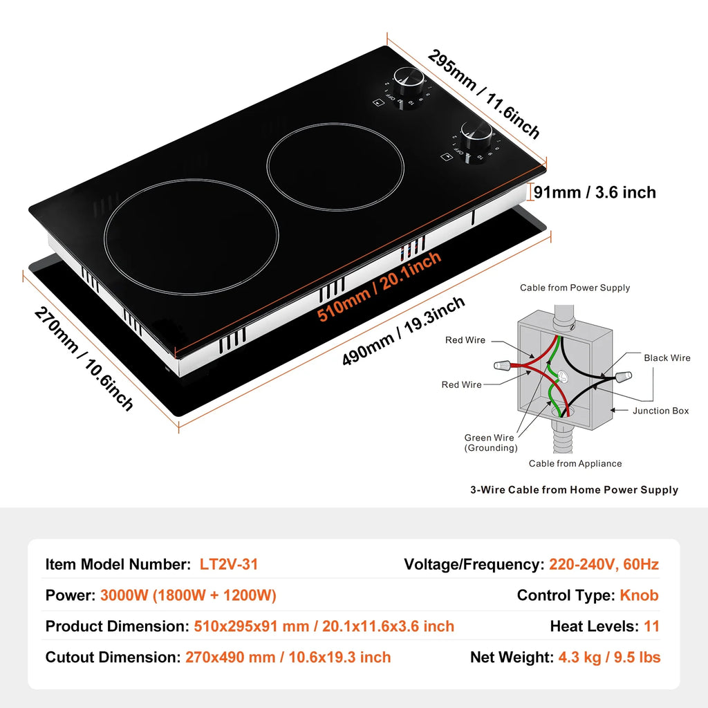 KFFKFF Built-in 2 Burner Electric Cooktop, 12" Electric Range, 3000W Electric Stove Top with Smooth Ceramic Surface, Rotary Dial, 11 Temperature Settings, 220-240V, Direct Wiring Required
