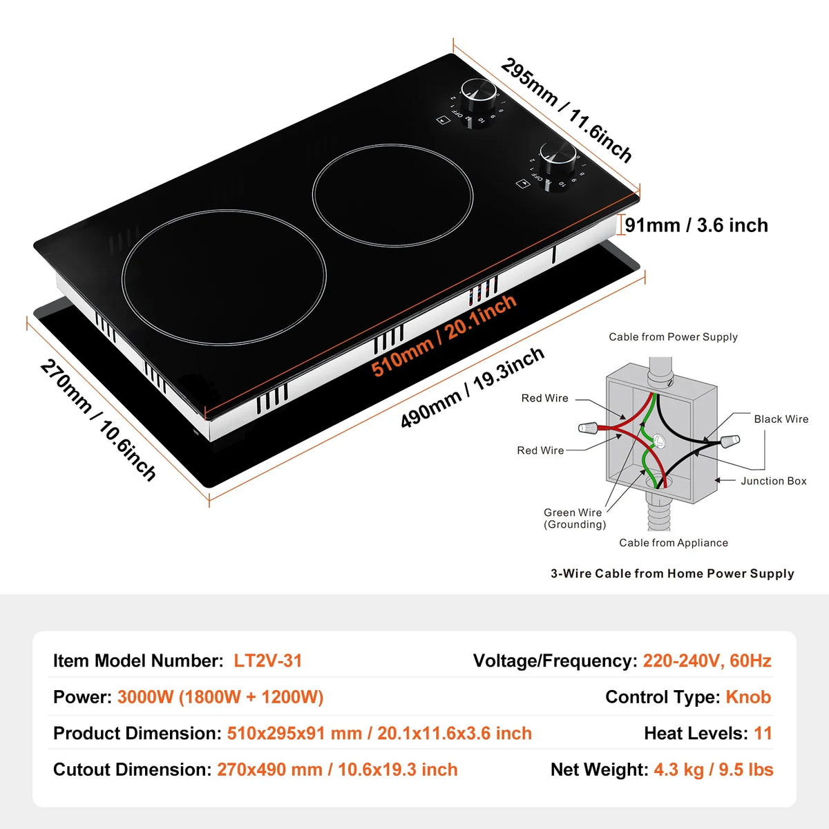 KFFKFF Built-in 2 Burner Electric Cooktop, 12" Electric Range, 3000W Electric Stove Top with Smooth Ceramic Surface, Rotary Dial, 11 Temperature Settings, 220-240V, Direct Wiring Required