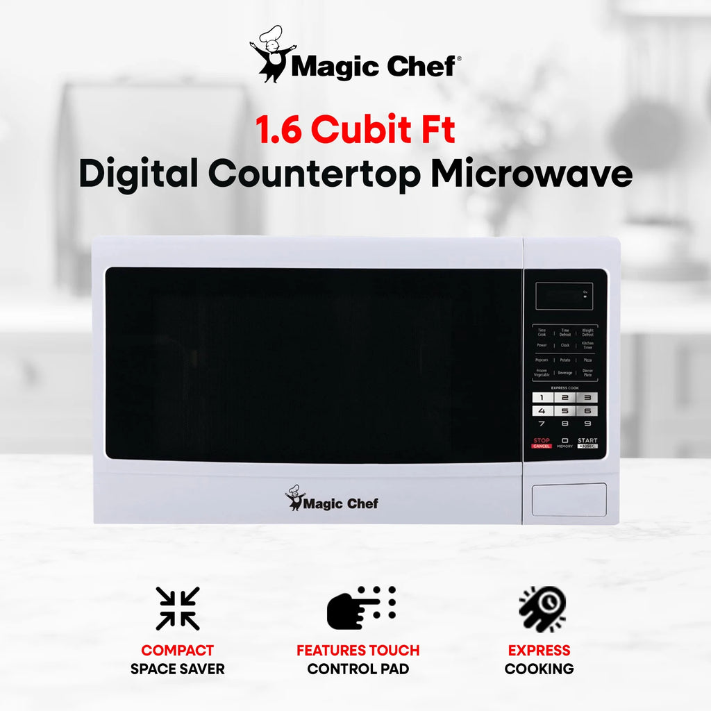 Magic Chef 1.6 Cu. ft. 1100W Countertop Microwave Oven with Push-Button Door in Black, New