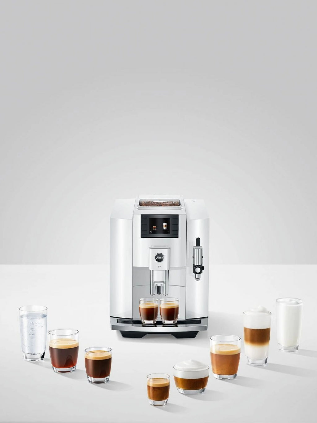 Jura E8 Automatic Espresso Machine (White) with Smart Filter Cartridge, and Glass Milk Container