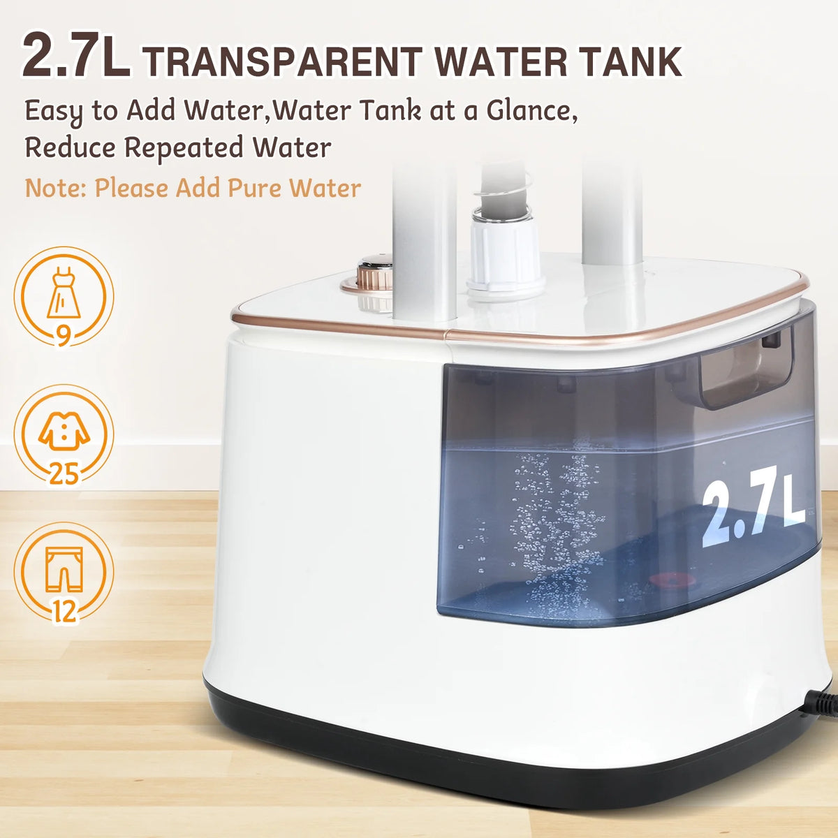 Advwin 2000W Garment Steamer for Clothes Standing, 10 Steam Levels, 2.7L Water Tank, Commercial and Household Use (Gold)