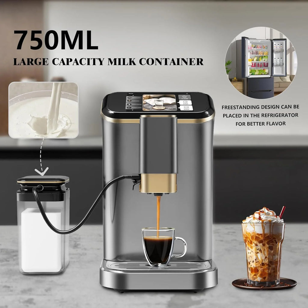 Espresso Machine,Fully Automatic Espresso Machine with Automatic Milk Frother,7 Coffee Varieties,20-Bar,Built-in Grinder,Intuitive Touch Display,1.5-L Water Tank