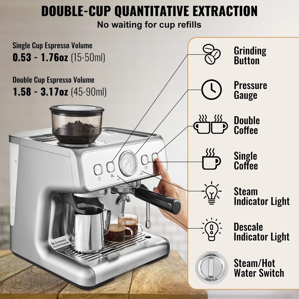 KFFKFF Semi-Automatic Espresso Maker with Grinder, 15 Bar, Includes Milk Frother Steam Wand, Detachable Water Tank & Pressure Gauge, for Cappuccino, Latte, Machiato, with PID Temperature Control