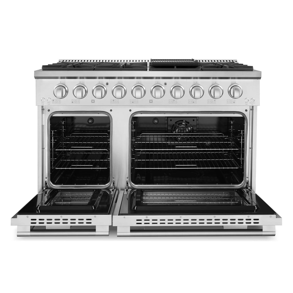 Cosmo 48 in. Lumin Collection 5.5 cu. ft. Double Oven Dual Fuel Range with 8 Burners, Cast Iron Grates in Stainless Steel