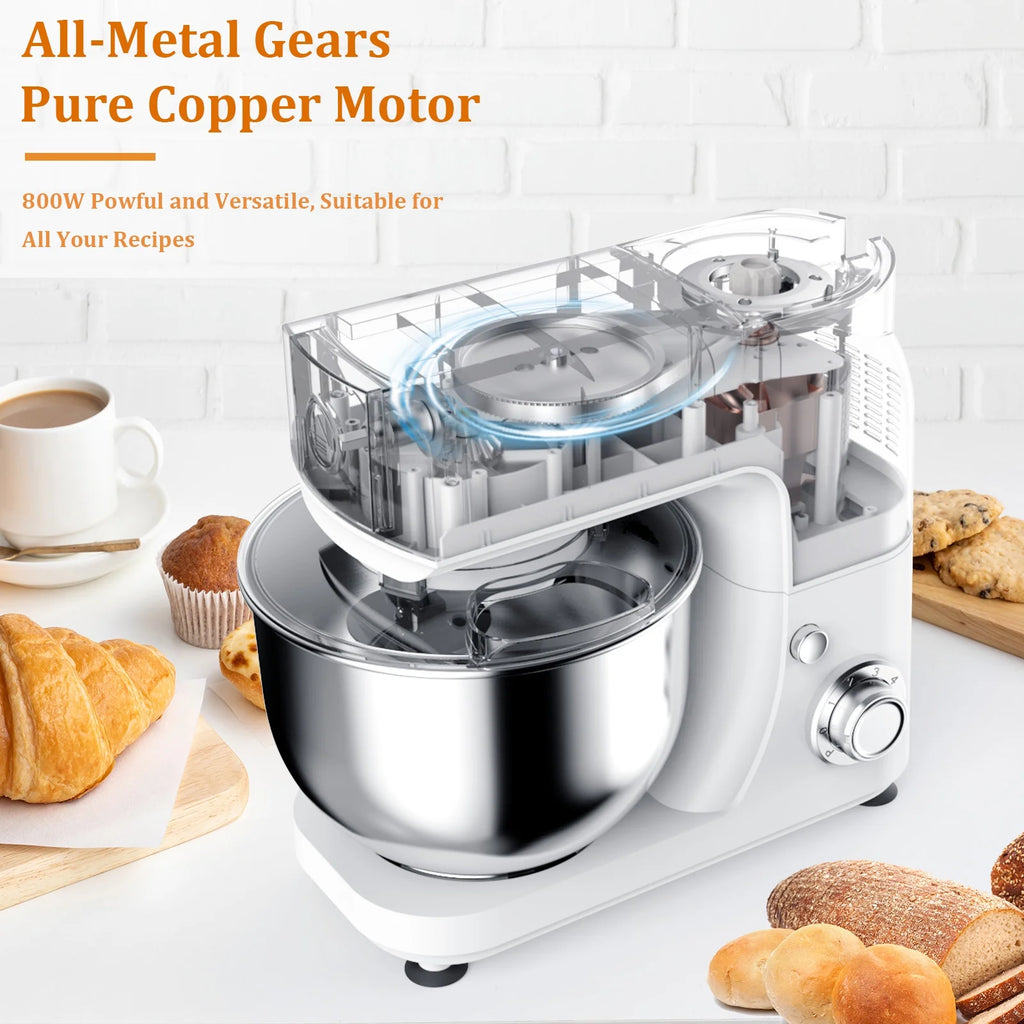 LINKChef Stand Mixer, 5.3QT 800W 6+P Speeds with Whisk, Dough Hook and Beater (White)
