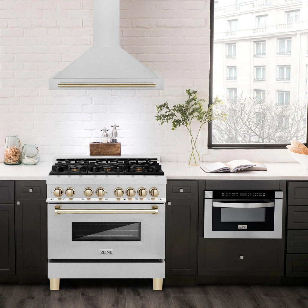 ZLINE 36 ZLINE Autograph Edition DuraSnow Stainless Steel Range Hood with DuraSnow and Gold Handle (KB4SNZ-36-G)