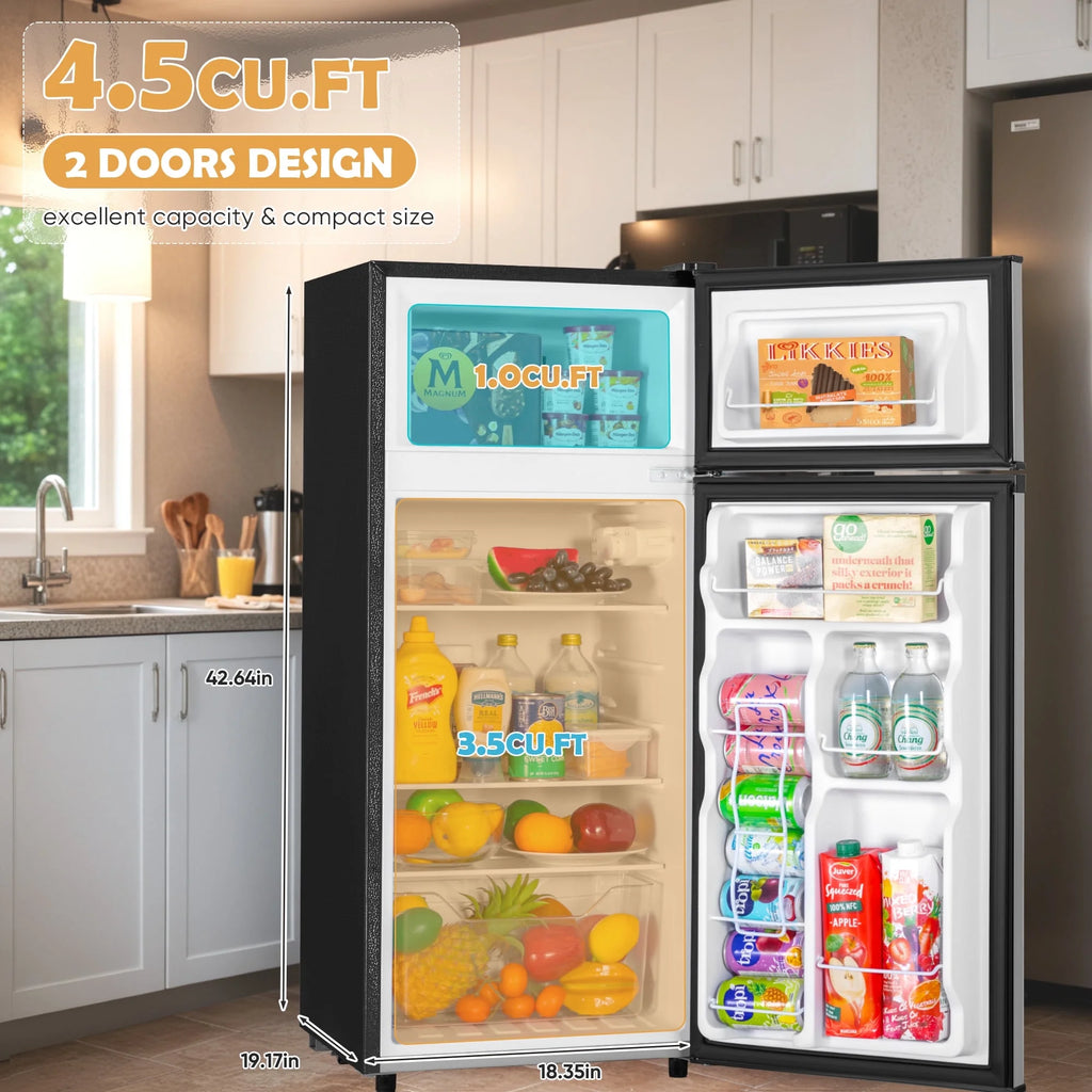 4.5 Cu.ft Mini Fridge with Freezer 2-Door Compact & 7 Settings Temperature Adijustable, Refrigerator for Dorm, Office, Bar, RV, Bedroom, Black