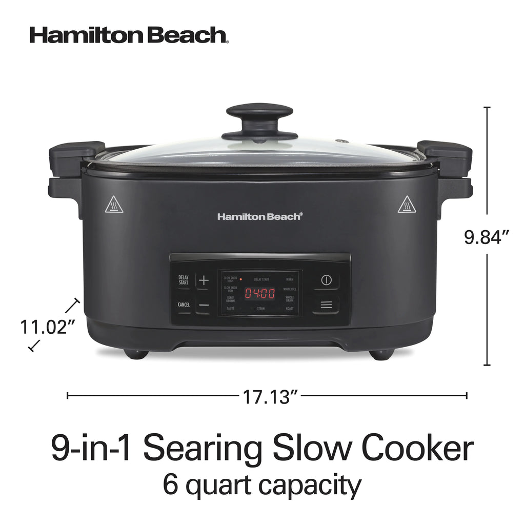 Hamilton Beach 9-in-1 Multi Cooker, 6 Qt Searing Slow Cooker, Nonstick Aluminum Crock with Removable Pot, Black