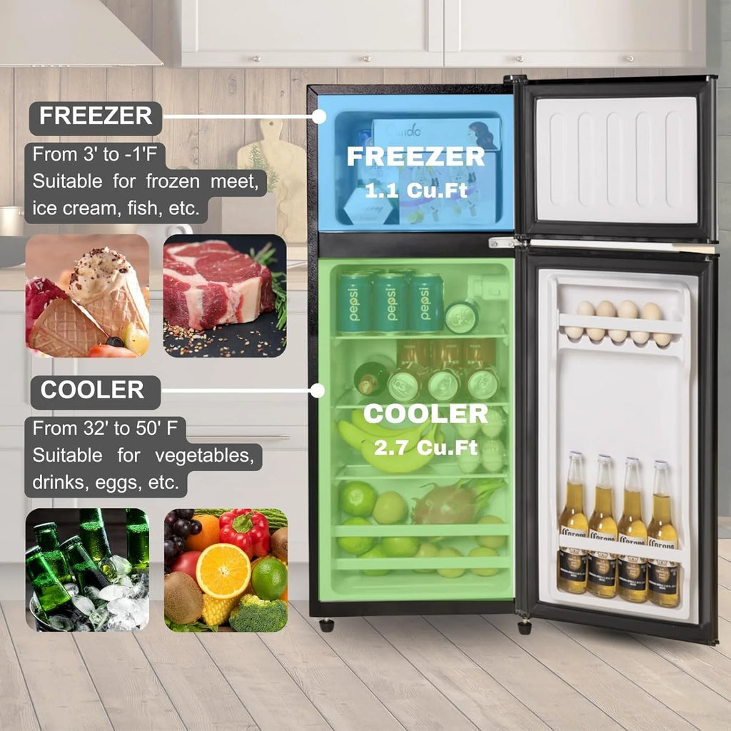 GGTB 3.5 Cu.Ft Fridge with Freezer, Double Door Refrigerator with 6 Level Thermostat, LED Light, Adjustable Glass Shelves for Bedroom, Office, Dorm, Apartment, Silver
