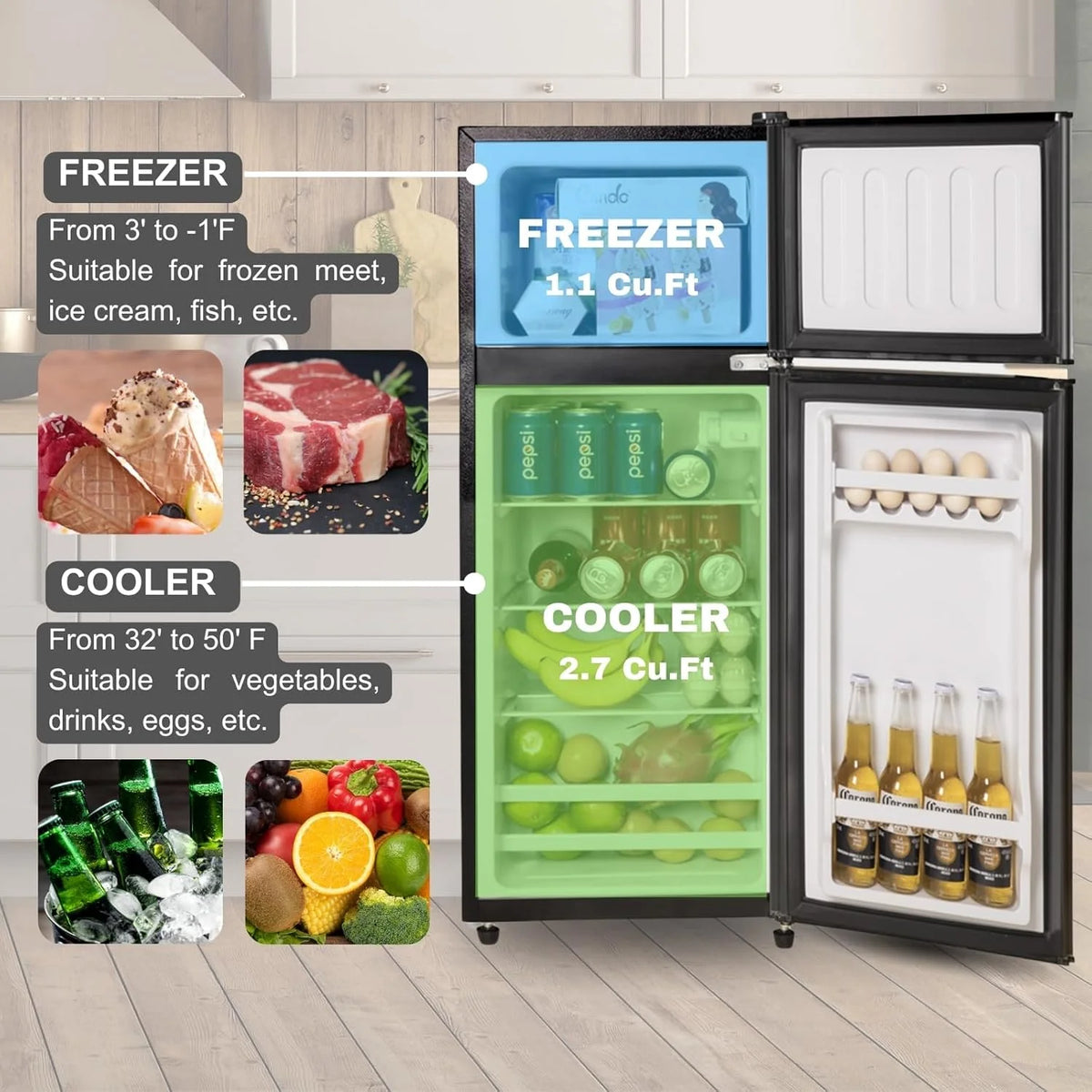 GGTB 3.5 Cu.Ft Fridge with Freezer, Double Door Refrigerator with 6 Level Thermostat, LED Light, Adjustable Glass Shelves for Bedroom, Office, Dorm, Apartment, Silver