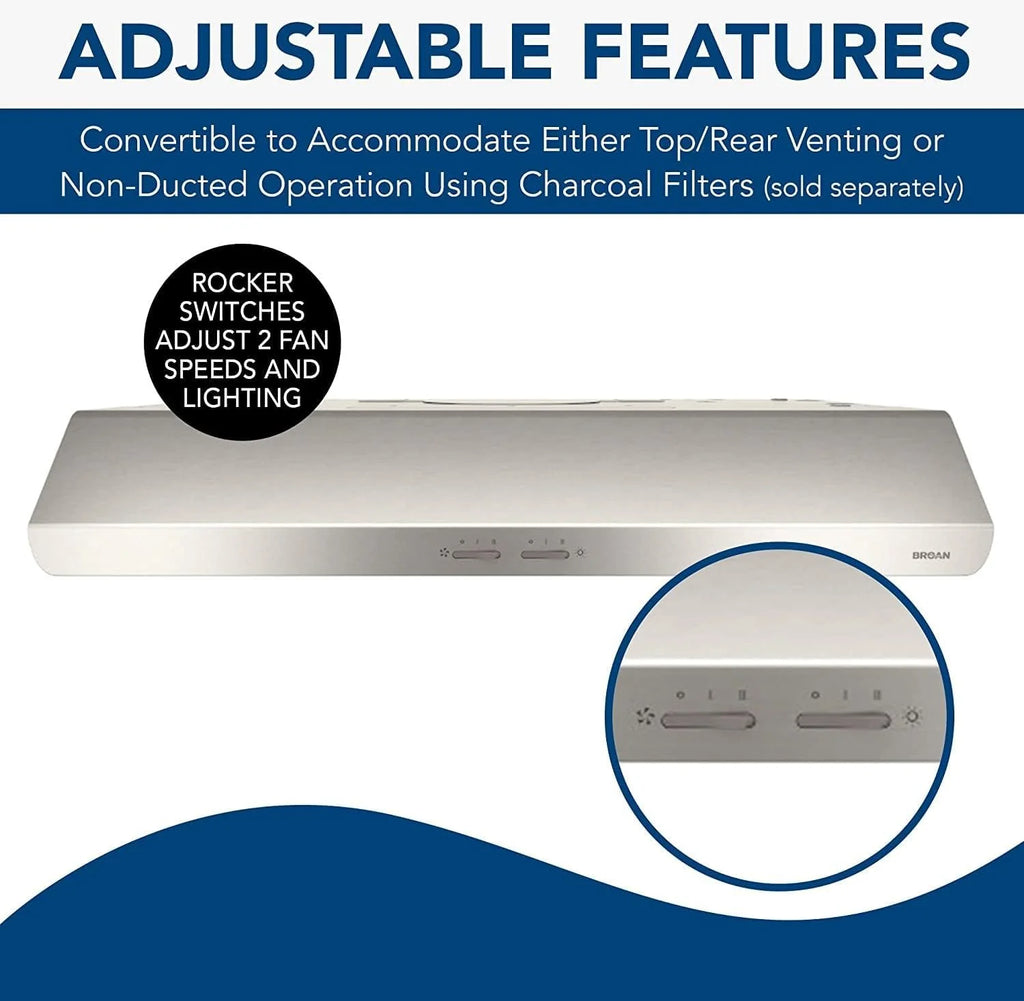 Broan-NuTone BKSH130BL Sahale 30-inch Under-Cabinet Easy Install 4-Way Convertible Range Hood with 2-Speed Exhaust Fan and Light, 300 Max Blower CFM, Black