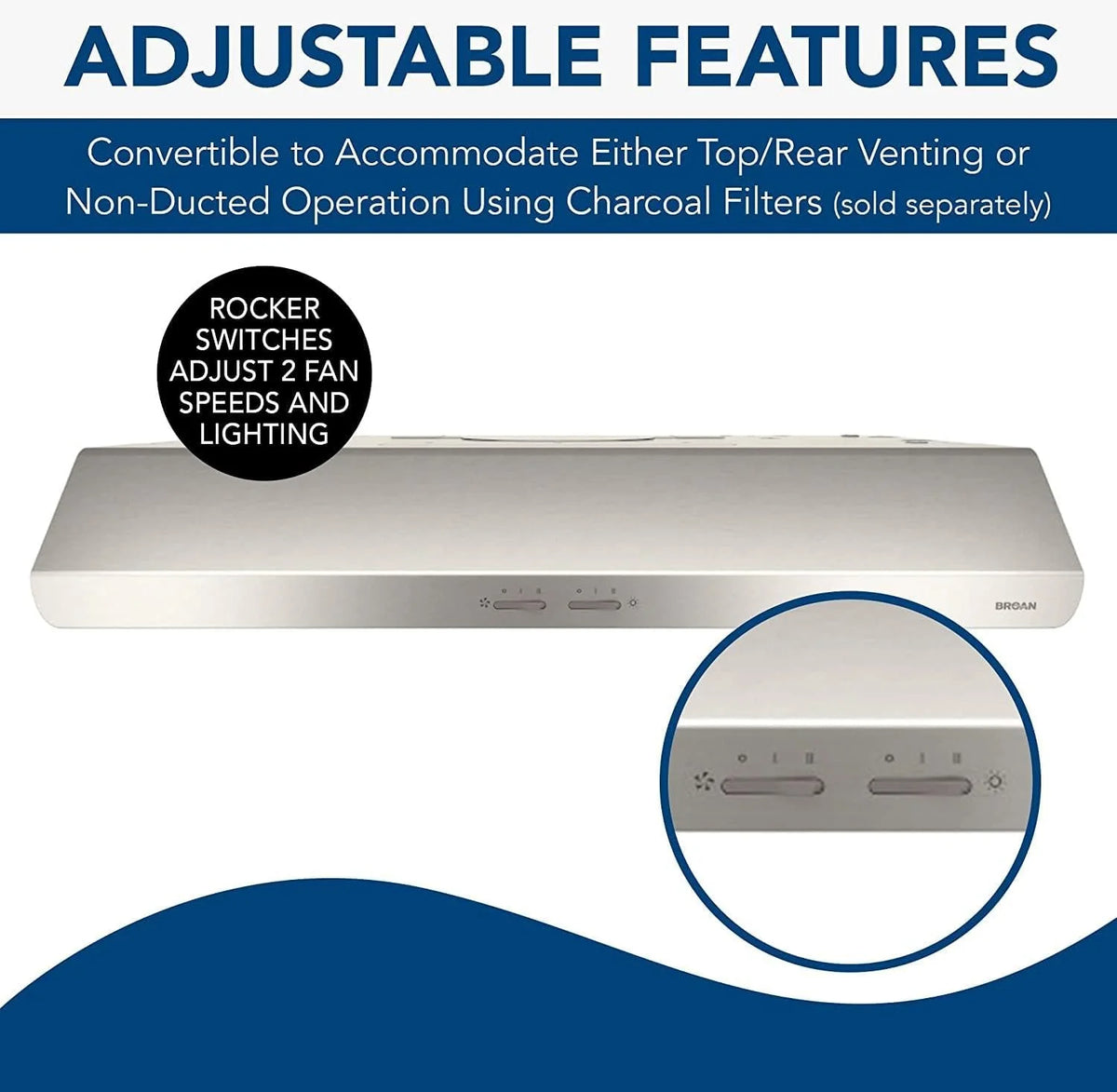 Broan-NuTone BKSH130BL Sahale 30-inch Under-Cabinet Easy Install 4-Way Convertible Range Hood with 2-Speed Exhaust Fan and Light, 300 Max Blower CFM, Black