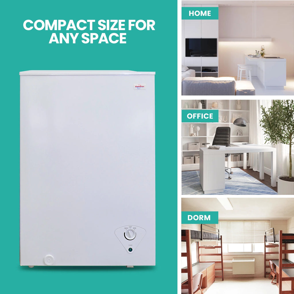 Koolatron 3.5 cu ft Compact Chest Freezer 99L White Manual Defrost Deep Freeze Storage Basket Space-Saving Flat Back