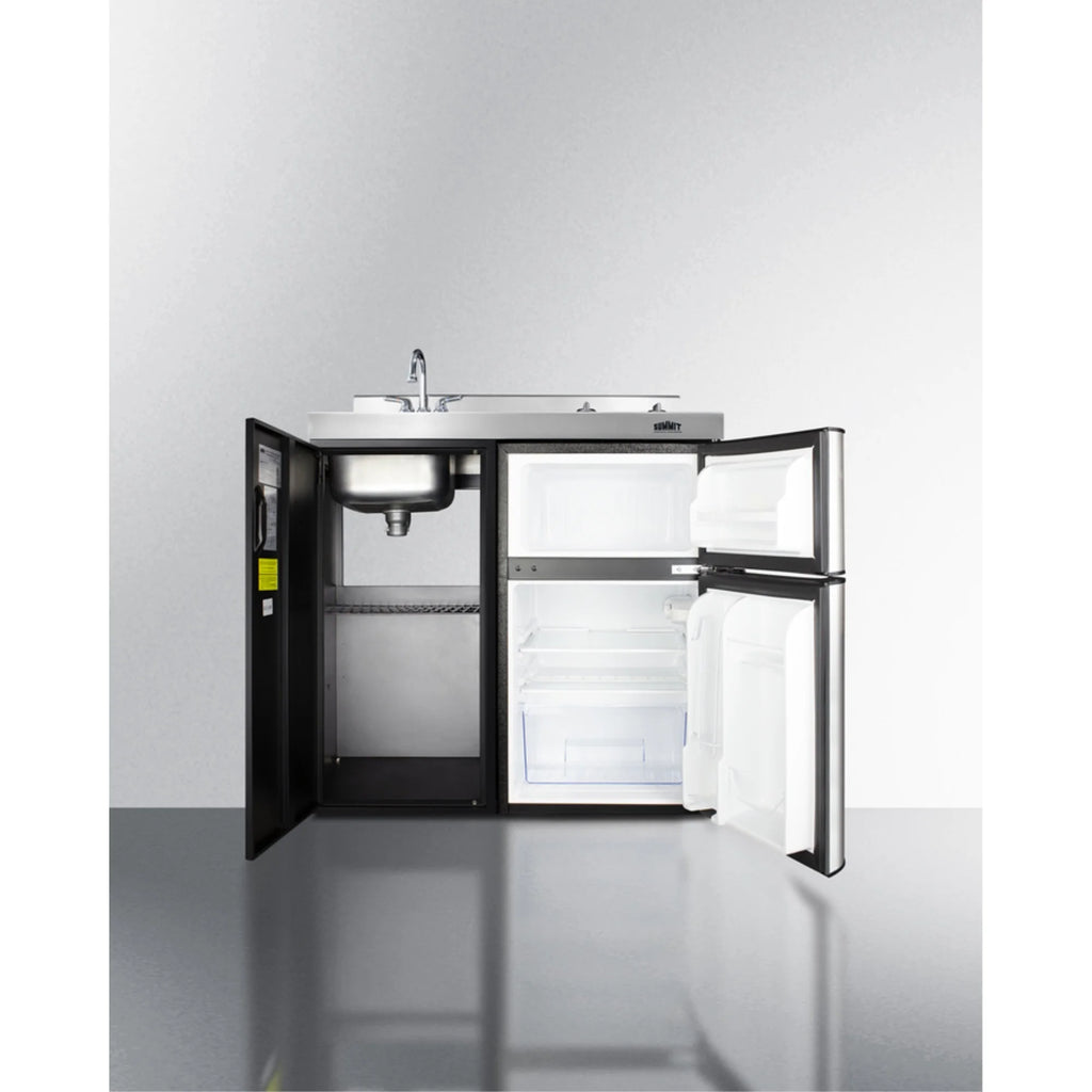 36" wide all-in-one kitchenette with 2-burner 115V smooth-top cooktop, refrigerator-freezer, sink, and storage cabinet