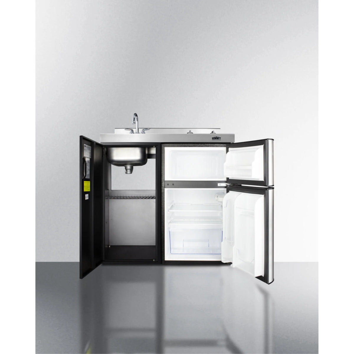 36" wide all-in-one kitchenette with 2-burner 115V smooth-top cooktop, refrigerator-freezer, sink, and storage cabinet