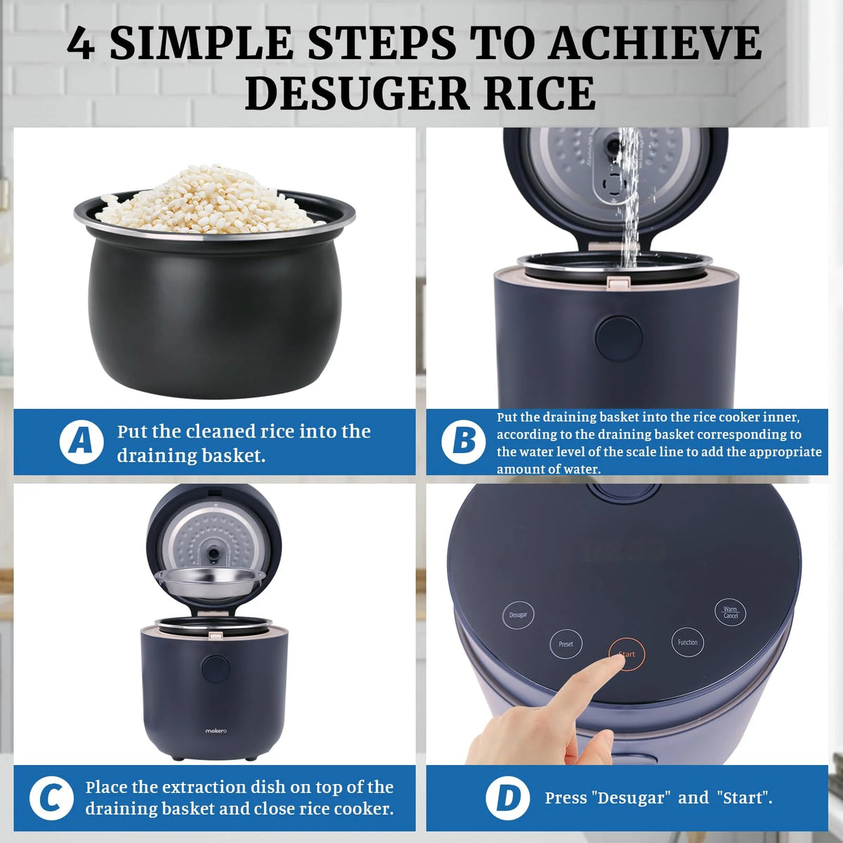 Hakka Brothers Low Sugar Rice Cooker 4-Cup Uncooked Capacity, Black - Built-In Timer