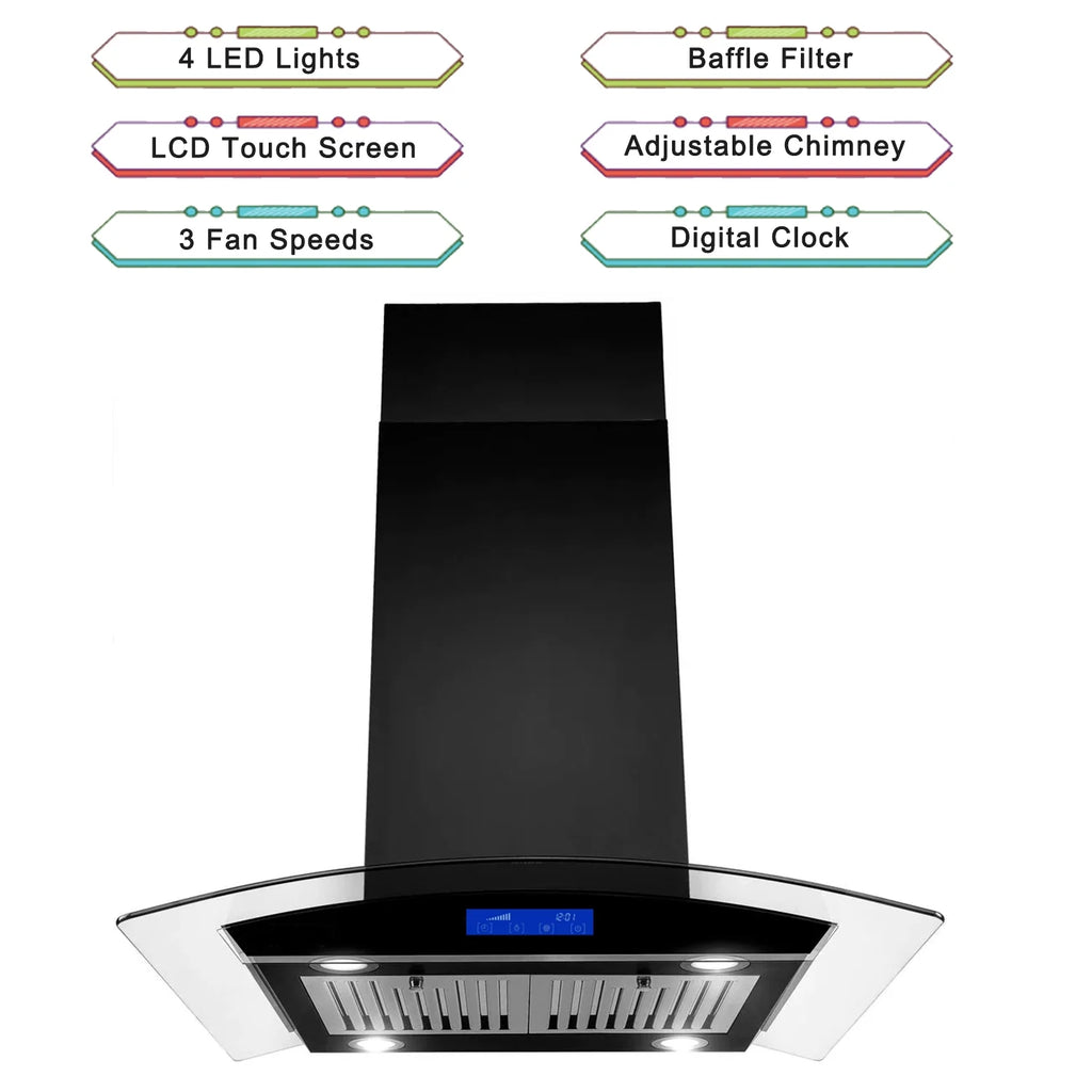 Island Mount Range Hood 36 inch Kitchen 3-Speed Extractor Fan Mesh filter Tempered Glass