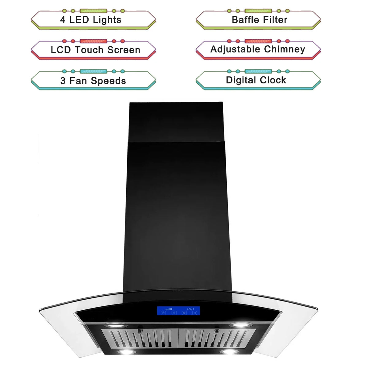 Island Mount Range Hood 36 inch Kitchen 3-Speed Extractor Fan Mesh filter Tempered Glass