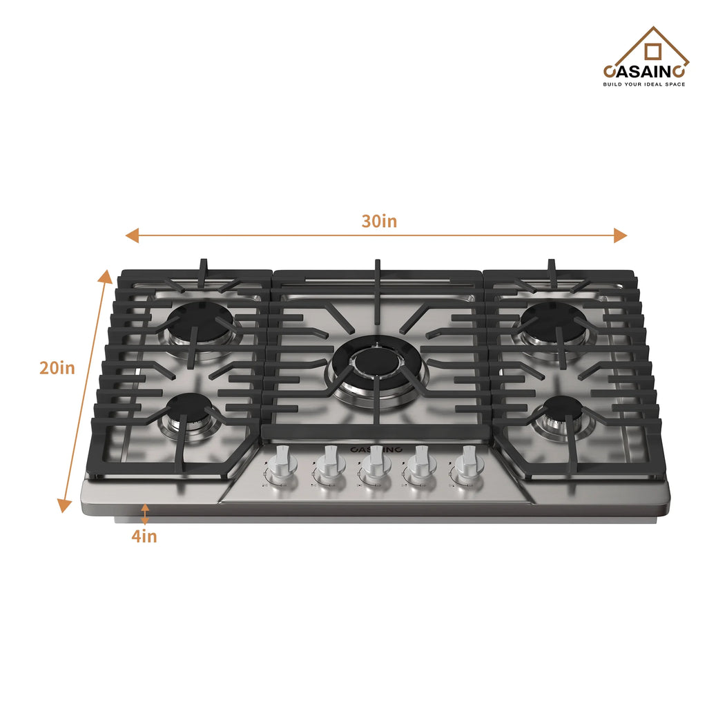 CASAINC 30" Recessed Natural Gas Cooktop with 5 Burners and Liquid Propane Conversion Kit, Stainless Steel