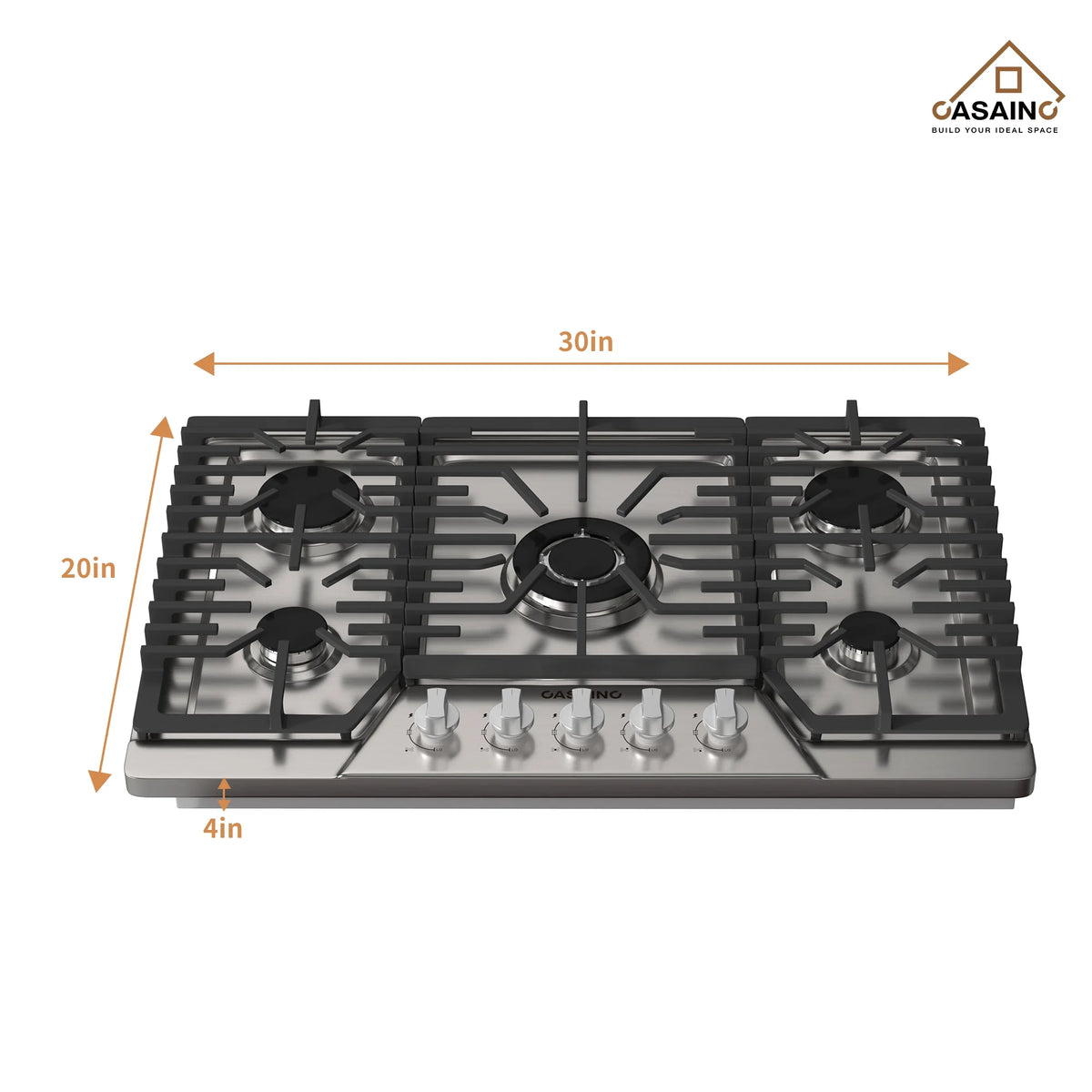CASAINC 30" Recessed Natural Gas Cooktop with 5 Burners and Liquid Propane Conversion Kit, Stainless Steel