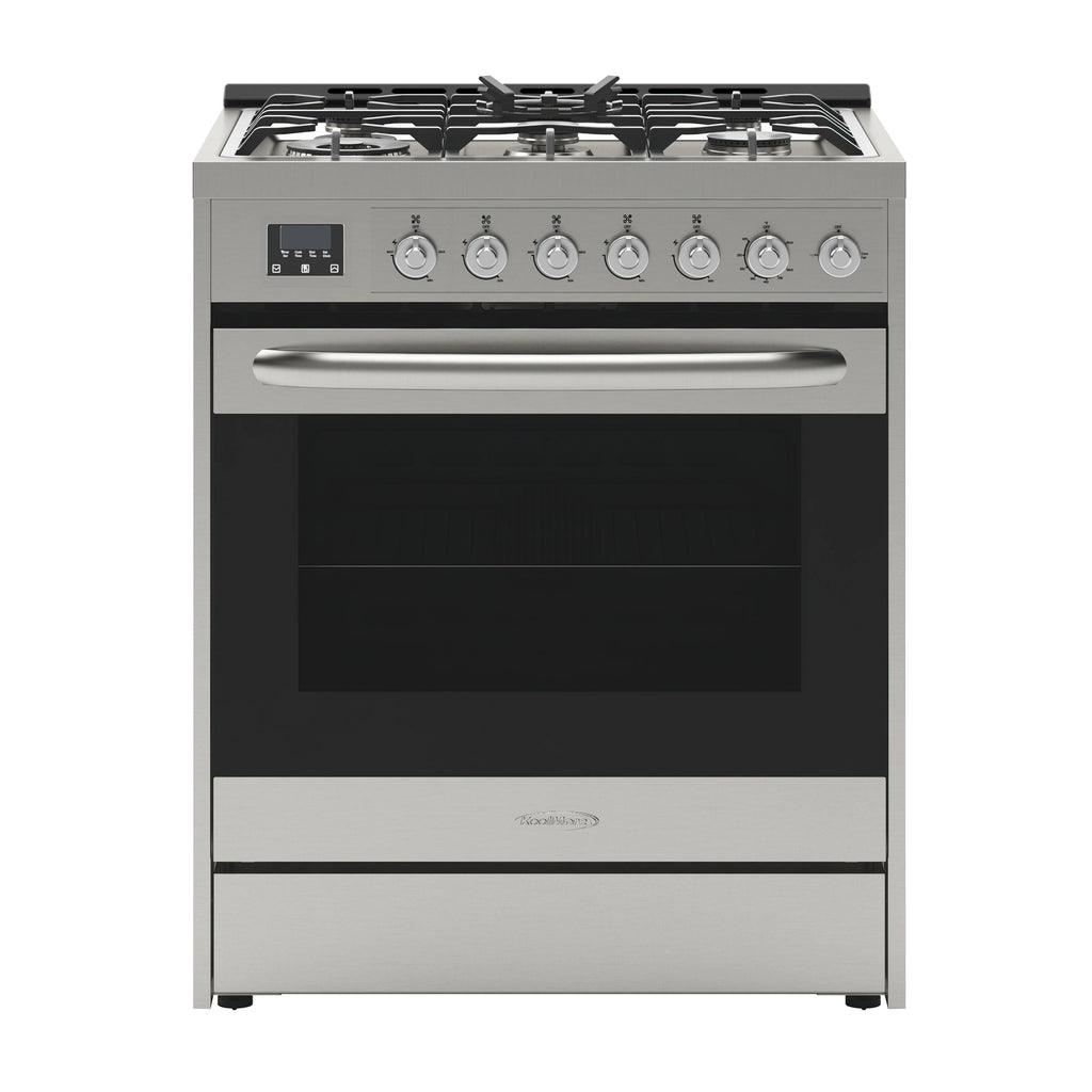 30�� Inch Professional Gas Range Stove with 5 Burner Cooktop, Rapid Convection Oven, and Digital Timer with Heavy-Duty Cast Iron Grates, Stainless-Steel Appliance, Silver