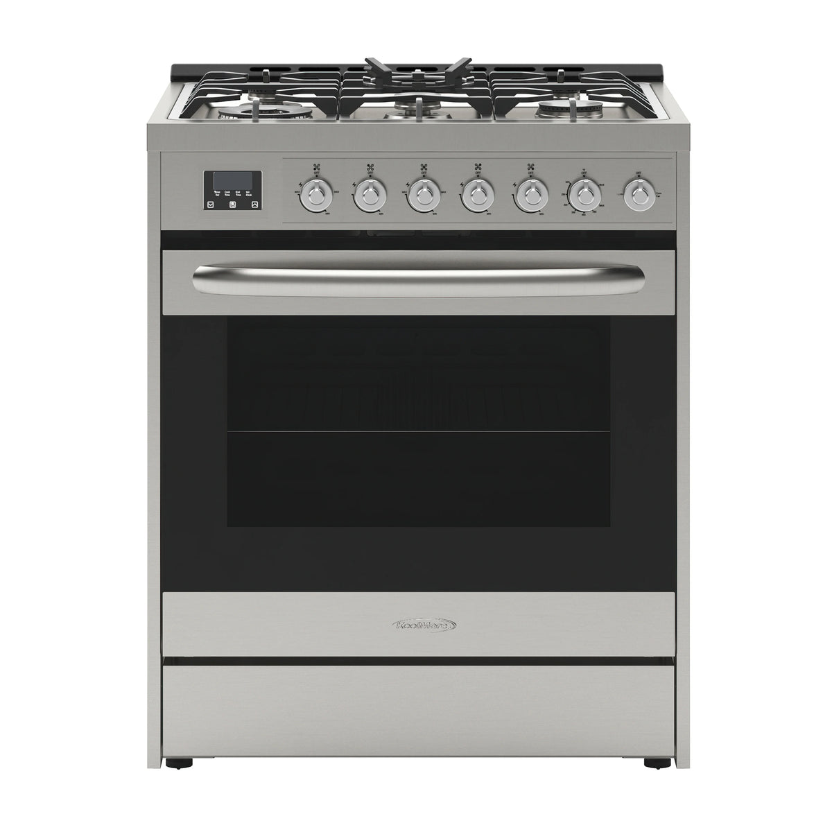 30�� Inch Professional Gas Range Stove with 5 Burner Cooktop, Rapid Convection Oven, and Digital Timer with Heavy-Duty Cast Iron Grates, Stainless-Steel Appliance, Silver