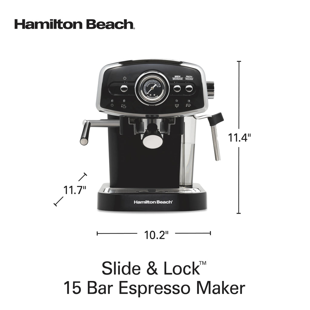 Hamilton Beach 15-Bar, 2 Cup Espresso Machine, Slide & Lock Espresso Maker with Milk Frother, Black & Chrome