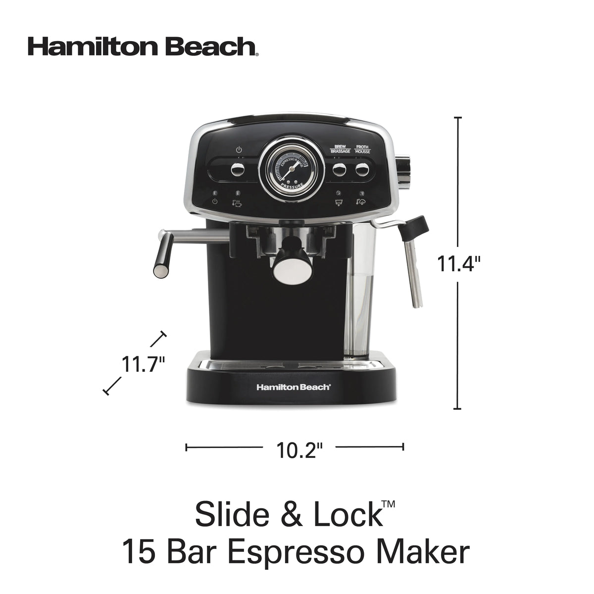 Hamilton Beach 15-Bar, 2 Cup Espresso Machine, Slide & Lock Espresso Maker with Milk Frother, Black & Chrome