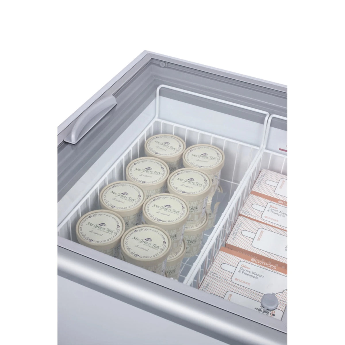 Flat top commercial ice cream freezer with sliding glass lid, digital thermostat, and novelty baskets